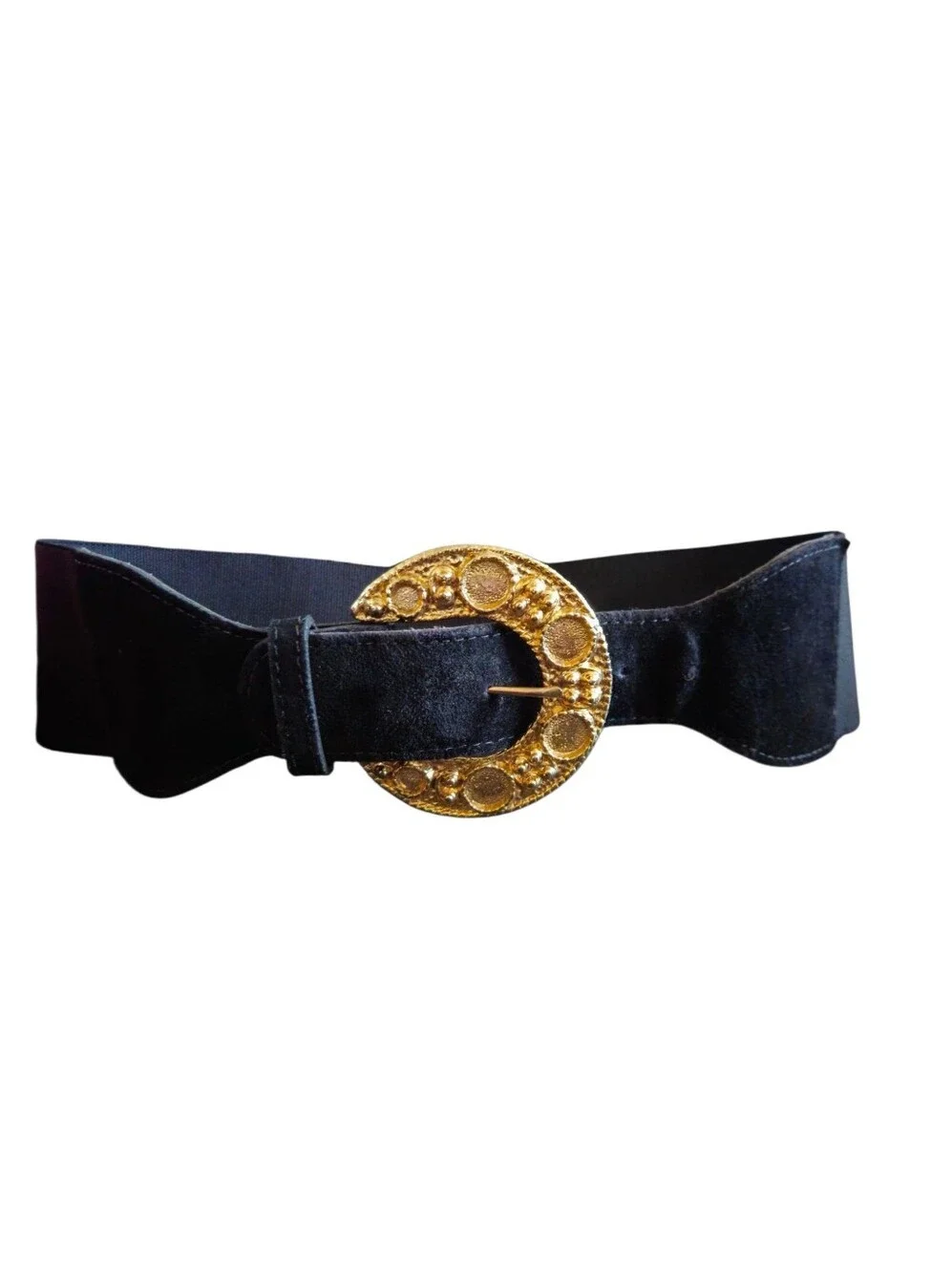 Vintage Prestige 80's Black/ Gold Suede Leather Wide Stretch Statement Belt O/S